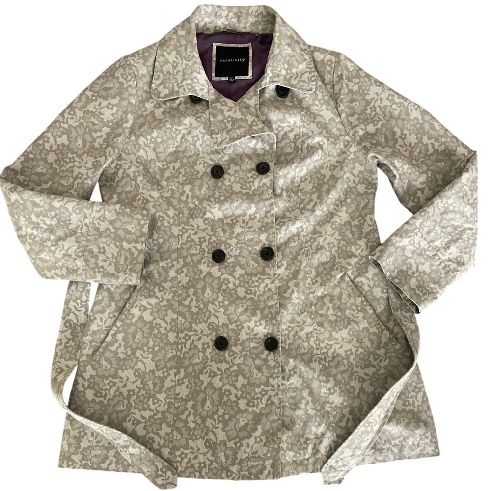 Relativity Womens Gray White Floral LS Button Up Tie Belt Rain Jacket S Med